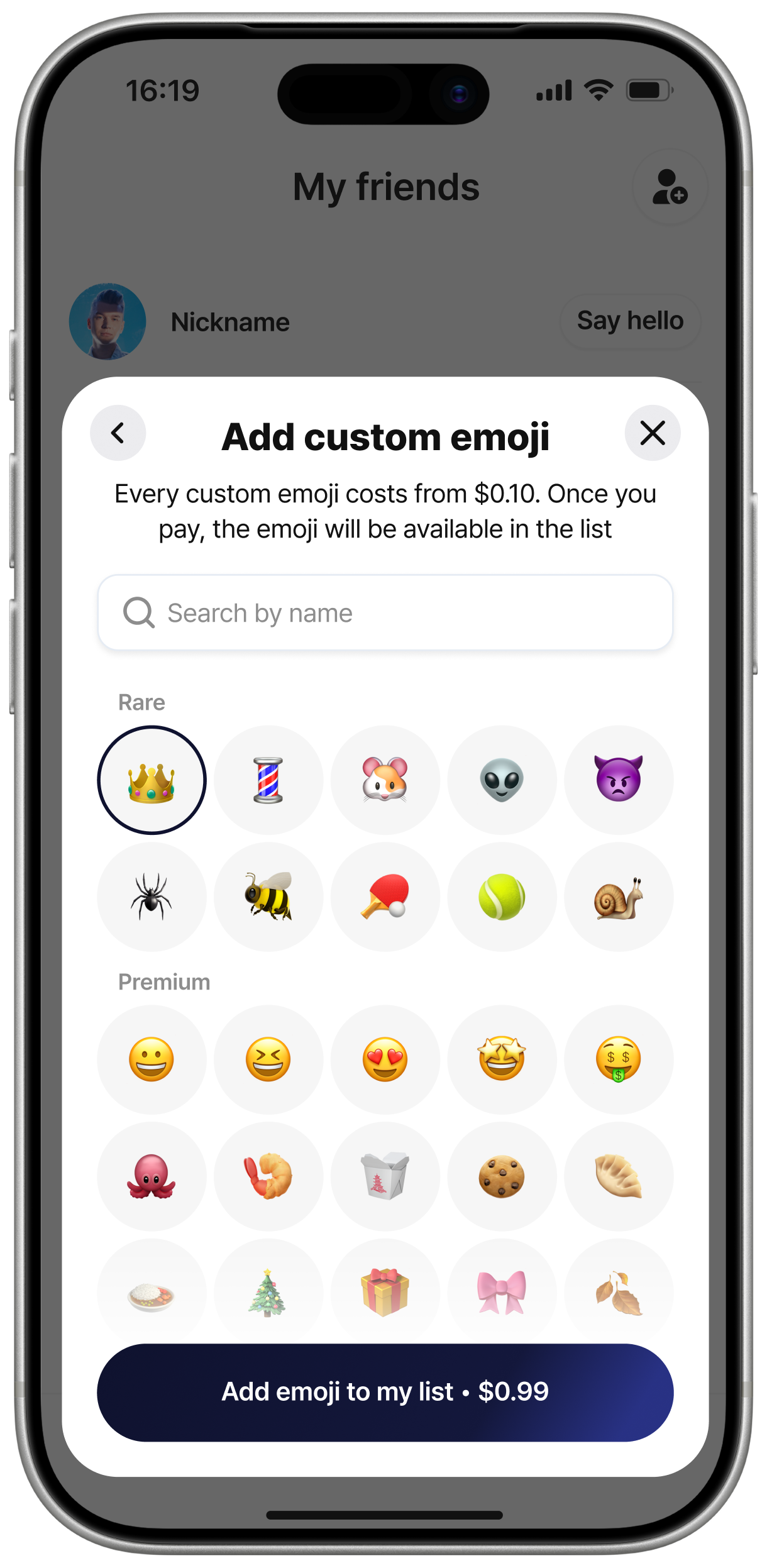Pinky Wave custom emoji store with Rare and Premium tiers and a 99-cent purchase button