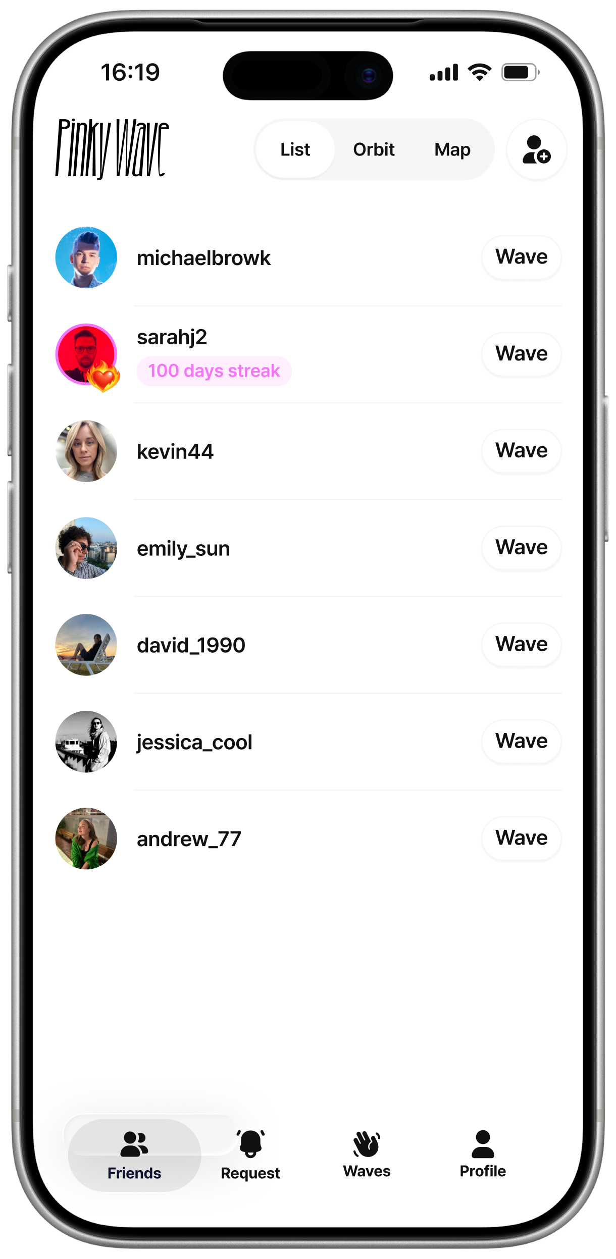 Pinky Wave friend list showing a 100-day streak with sarahj2 in pink gradient