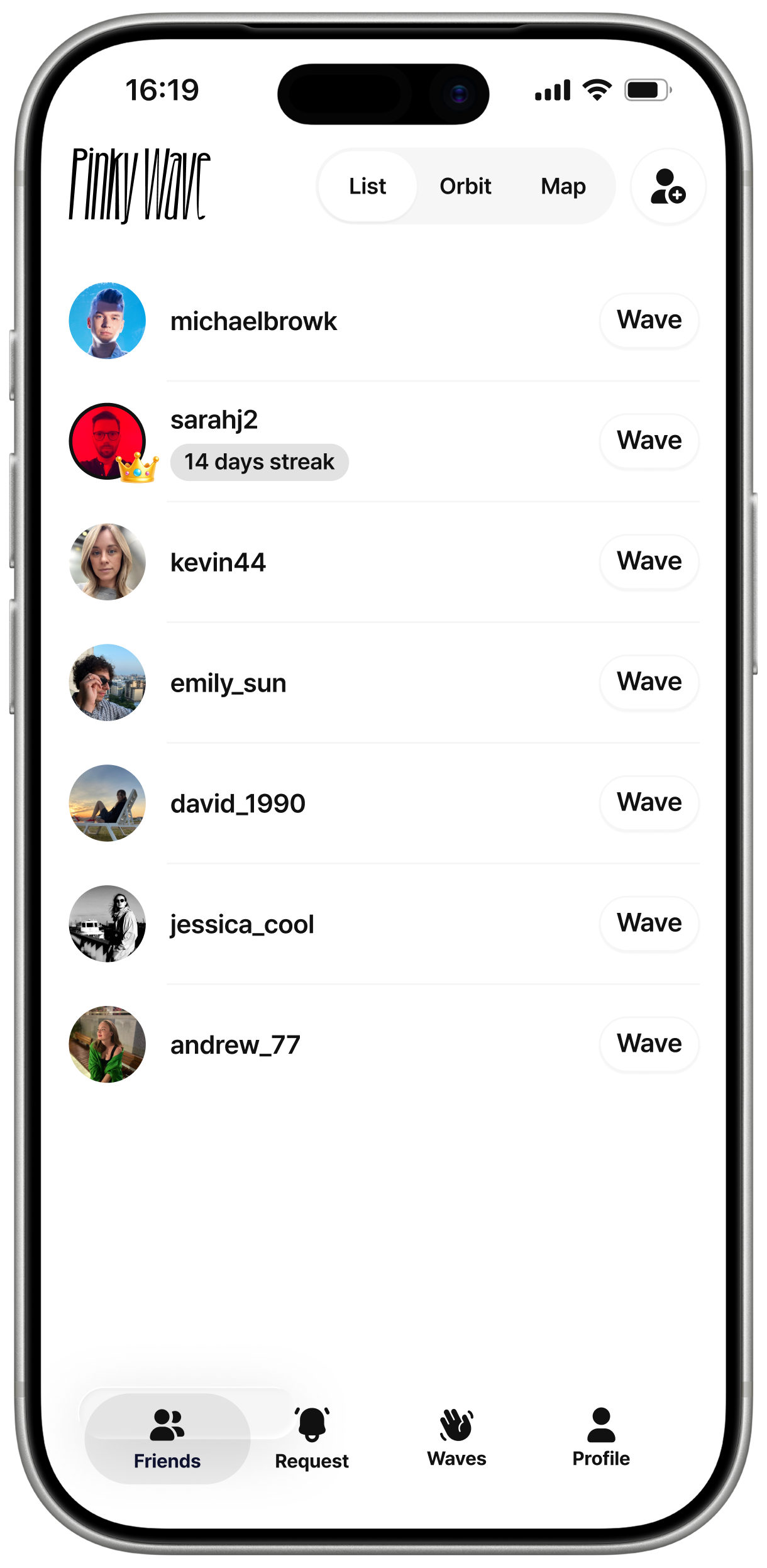 Pinky Wave friend list showing a 14-day streak with sarahj2