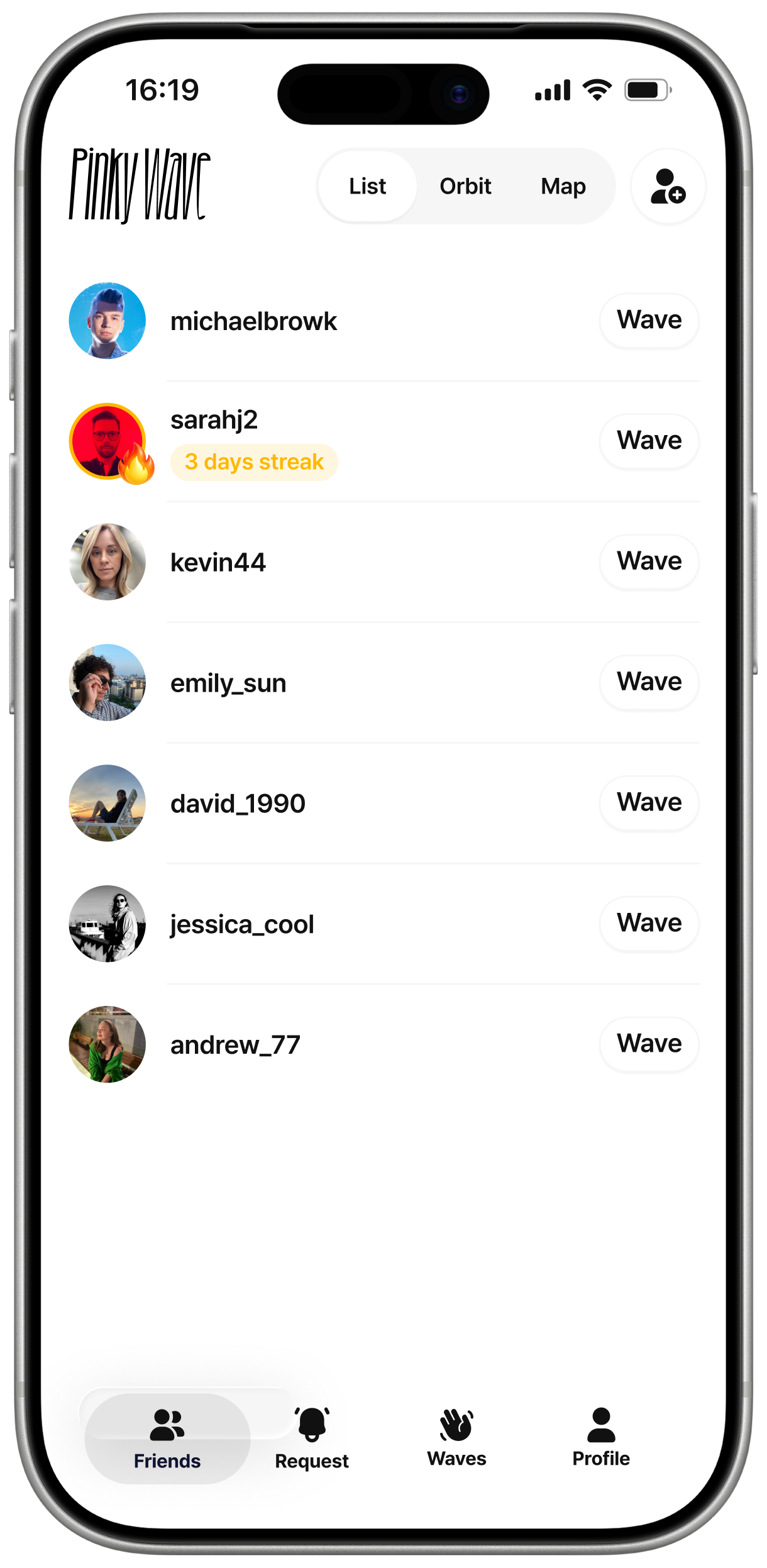 Pinky Wave friend list showing a 3-day streak with sarahj2 in gold