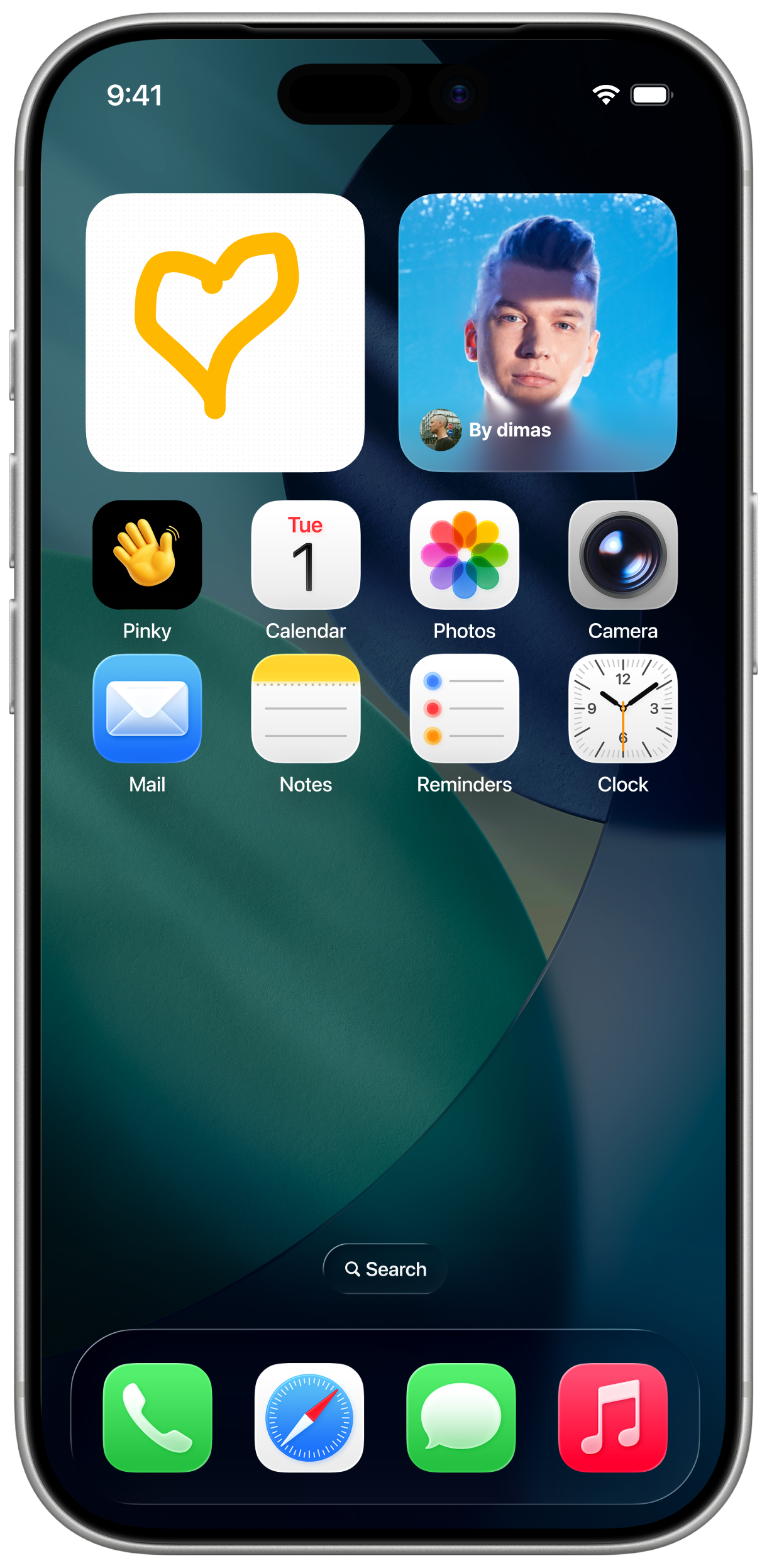 iPhone home screen with two Pinky Wave widgets — a yellow heart favorite widget and a friend avatar widget